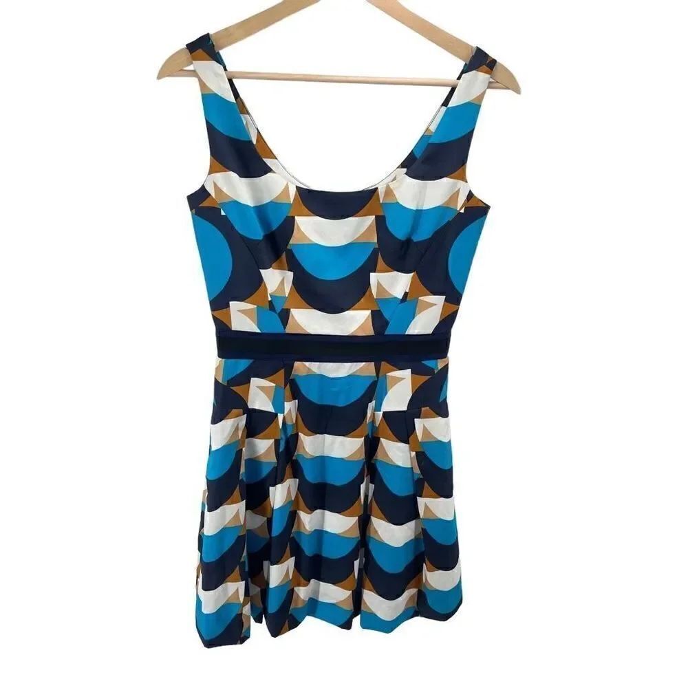 Milly Womens Geometric Dress Fit Flare Mini Sleeveless Scoopneck Lined Blue 2